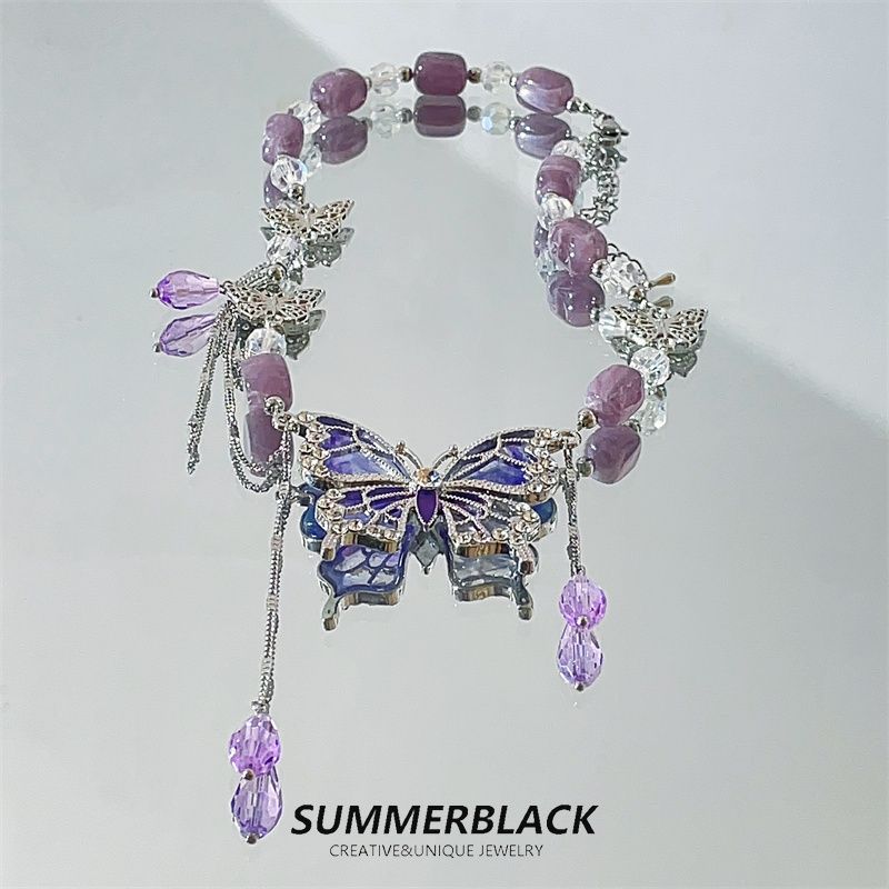 

Purple Crystal Women s Chocker Sweet Cool Sexy Necklace Purple Crystal Butterfly Tassel Necklace