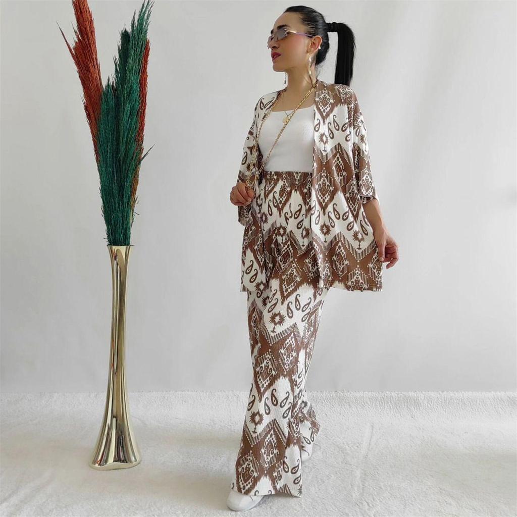 Temu 2024 Summer Women's Loose Plus Size Printed Set: Mid-Sleeve Shirt & Wide-Leg Pants