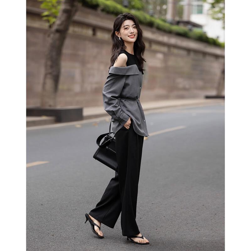 Women's Off-Shoulder Faux Two-Piece Spliced Belted Blouse