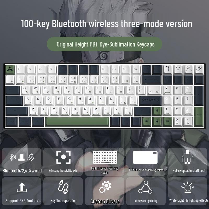 Wireless Bluetooth Mechanical Keyboard - 100-Key, Three-Mode, Compact Design, Office Customizable, Hot-Swappable Switches