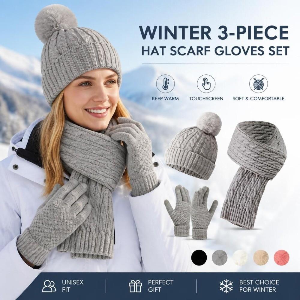 3Pcs/Set Warm Knit Beanie Snood Set Windproof Scarf Neck Warmer Suit for Men Women