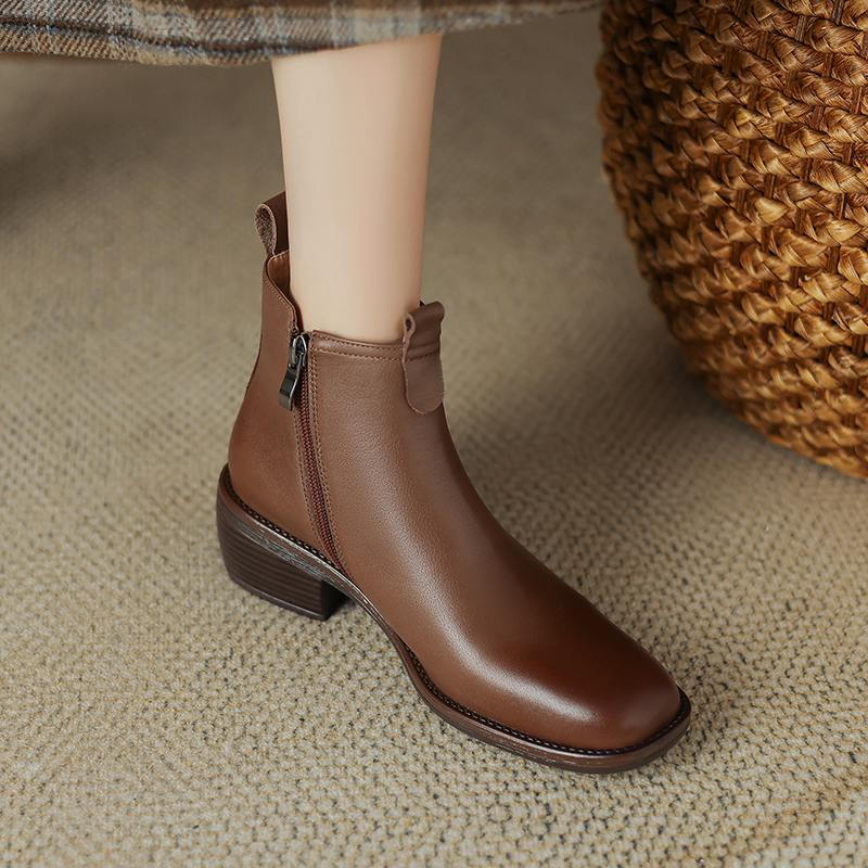 Krazing Pot Cow Skin Winter Square Toe Thick Heels Chelsea Fashion Boots Women Slip on Women Ankle Boots