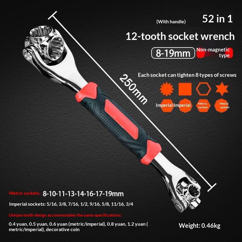 52/48 In 1 Hand Spline Bolts Sleeve Works Multi-Tool Set Universal Ratchet Socket Multipurpose Wrench With 360 Degree Rotation