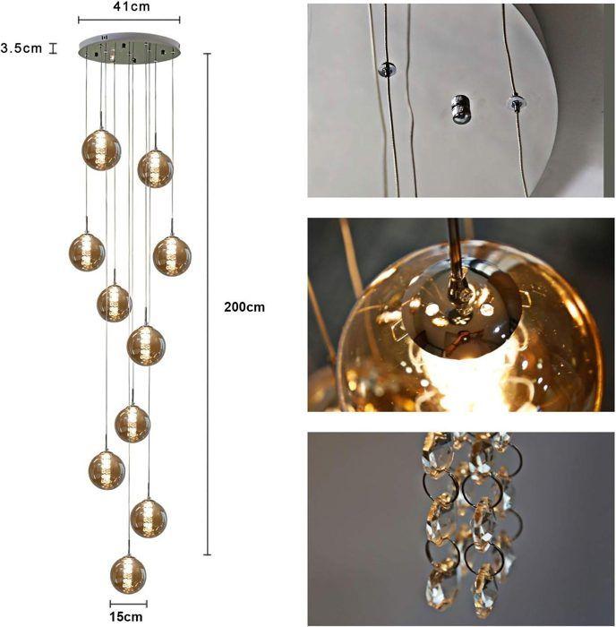 Lustre suspension - NETTLIFE - 10 lampes - abat-jours verre ambre - hauteur réglable - métal 41x41x200 cm