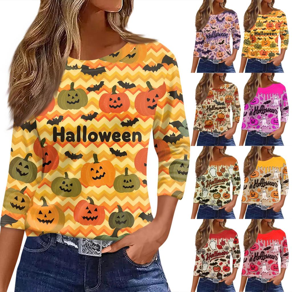 Damen T-Shirt Halloween Print 3/4 Ärmel Alltagsmode Basic Rundhals Reguläres Oberteil