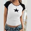 Y2K Ladies Summer O Neck Contrast Color Star Printed Slim Fit Pullover T Shirt Top