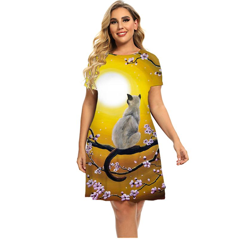 Kleid mit tiefem Wald-Tier-Katzen-Muster für Damen, für den Sommer 2022, kurzärmelig, modisch, Kawaii, A-Linie, Kleid, übergroße Kleidung