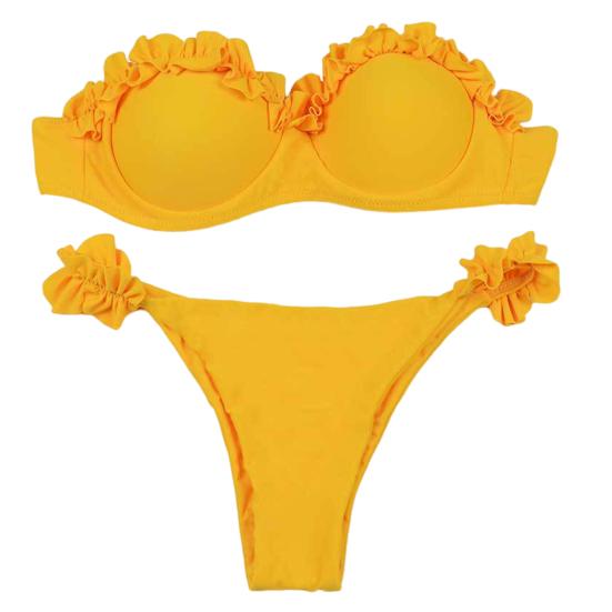 2Pcs/Set Women Bikini Set Bandeau Ruffle Trim Bra Mid-rise Briefs Set Push Up Bathing Suit
