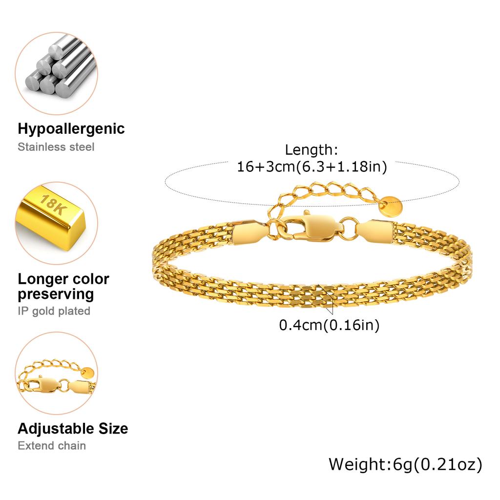 3mm/4mm/6mm Vintage Mesh Link Chain Bracelet for Women, Gold Plated Stainless Steel Italian Chain Bracelet, Waterproof Jewelry