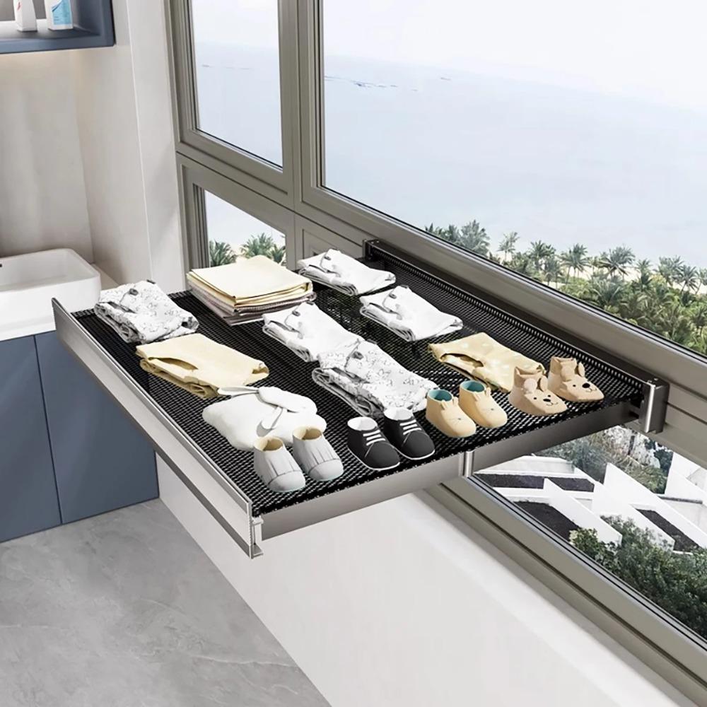 Suport de uscare pentru balcon, pliabil, multifuncțional, din oțel inoxidabil, pentru uscare cu șosete, fereastră, retractabil pentru uscare pentru haine și pantofi