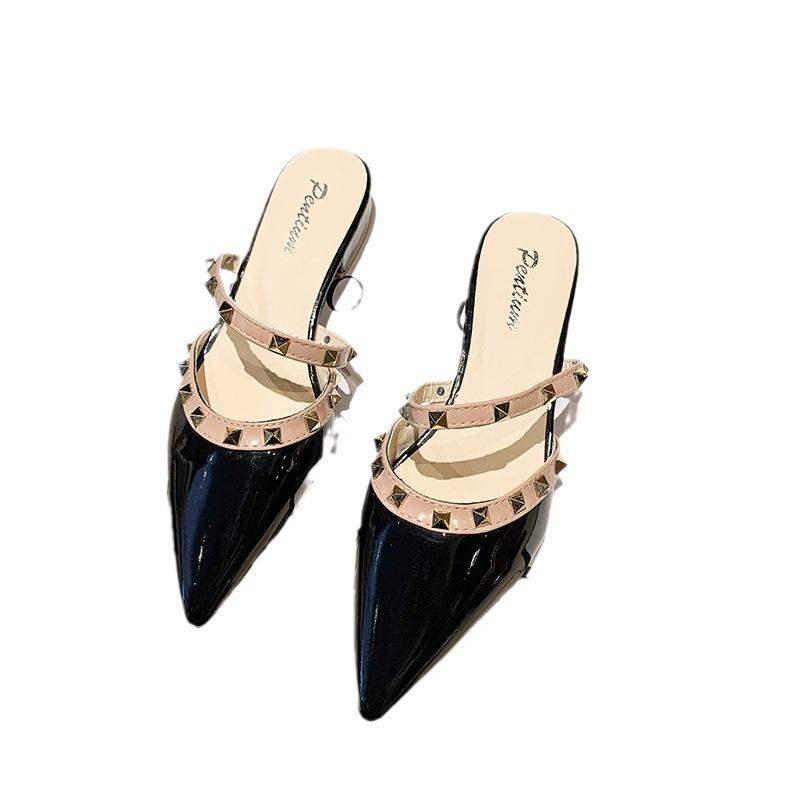 2025 Summer New Bag Head Low Heel Cool Slippers Women's Pointed Fashion Internet Celebrity Versatile Korean Version Willow Nail Half Tray Shoes