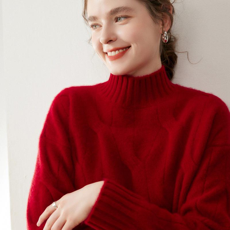 Women's Cashmere Half-High Neck Cable Knit Pullover - Thick, Loose & Cozy for Autumn/Winter.
