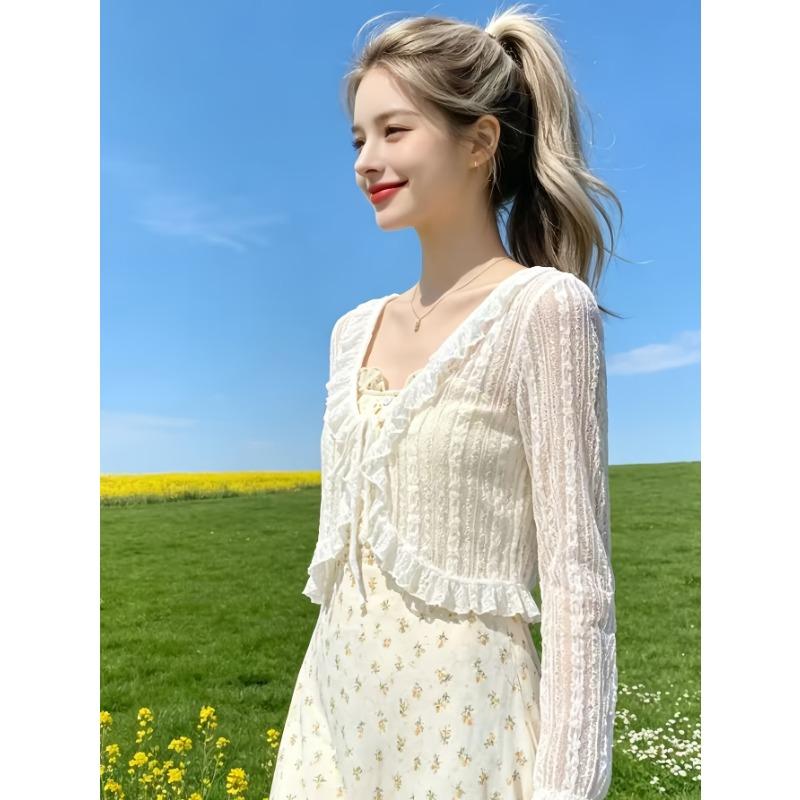 Women's Cardigan Jacket, Summer Lightweight Breathable Lace Tie Shawl, Fashionable Versatile Short Cardigan Jacket, Outerwear for Slip Dresses