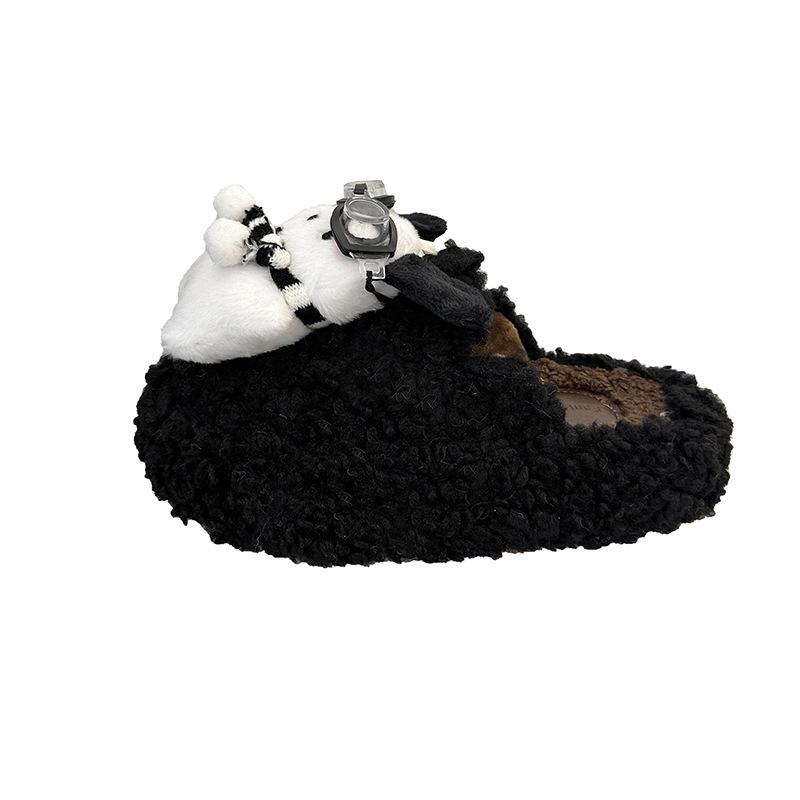 Cute cartoon glasses dog hair slippers women's 2025 autumn and winter new thick-bottomed versatile non-slip one-word cotton slippers