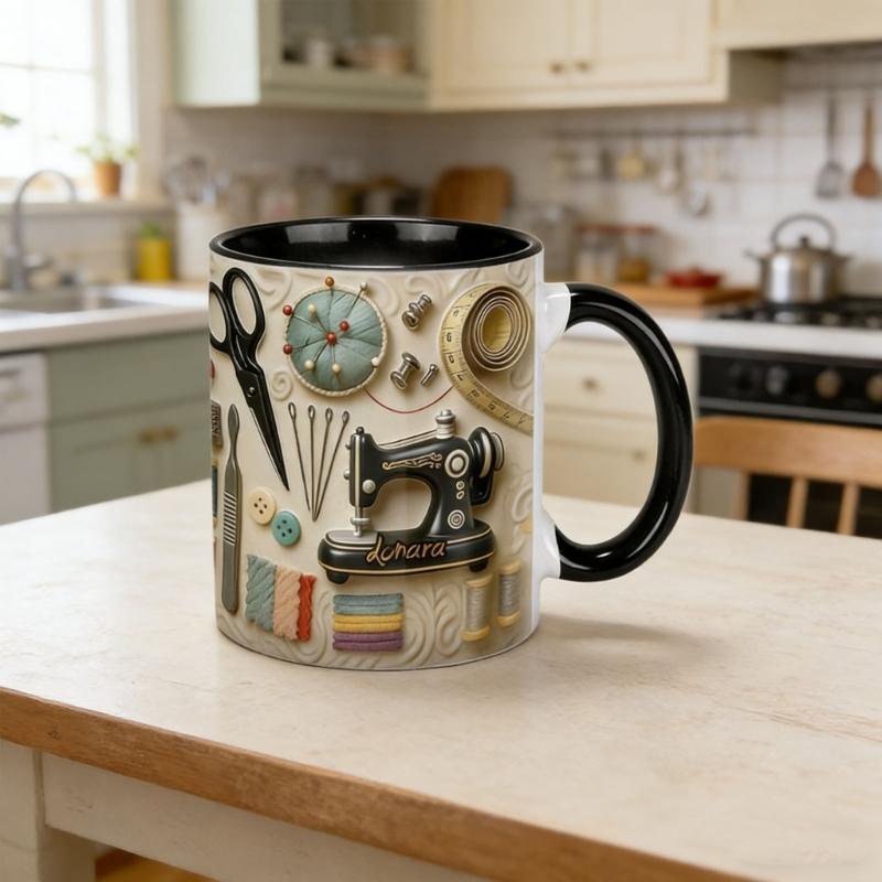 High Quality Ceramic Sewing Theme Coffee Cup Durable And Safe Ceramic Drinkware Cup For Daily Use 11oz Generous Size.