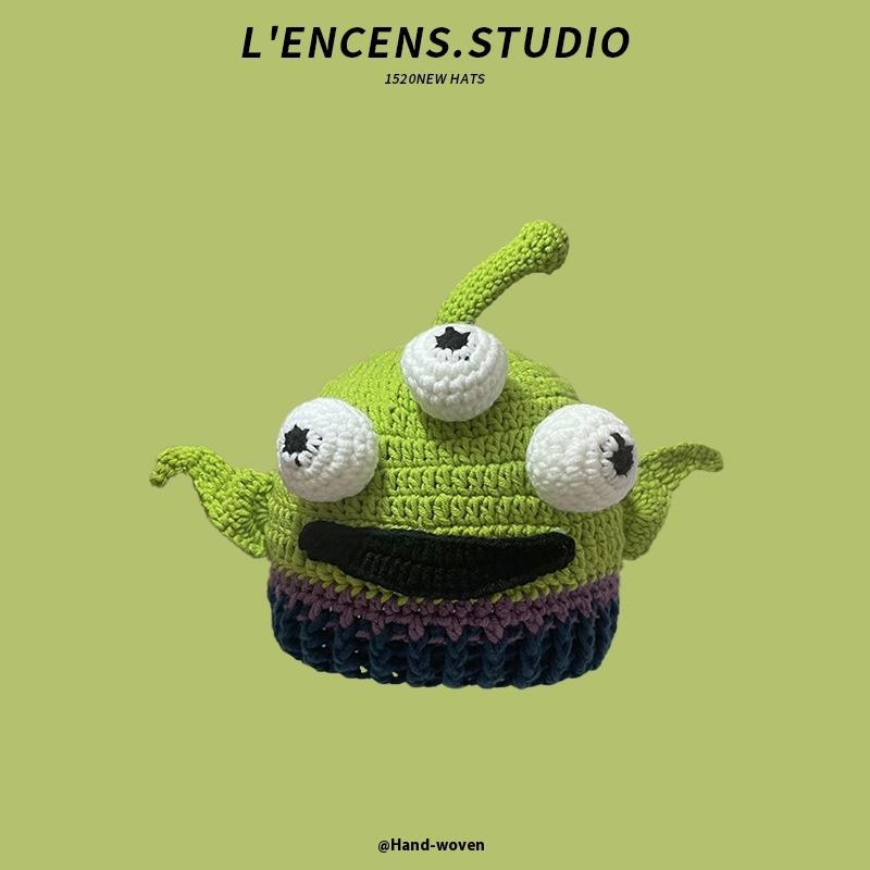 Cute Knitted Woolen Hat Unisex Warm Ear Protection Cartoon Green All-Match Cap Spring Autumn Winter Ideal For Men And Women