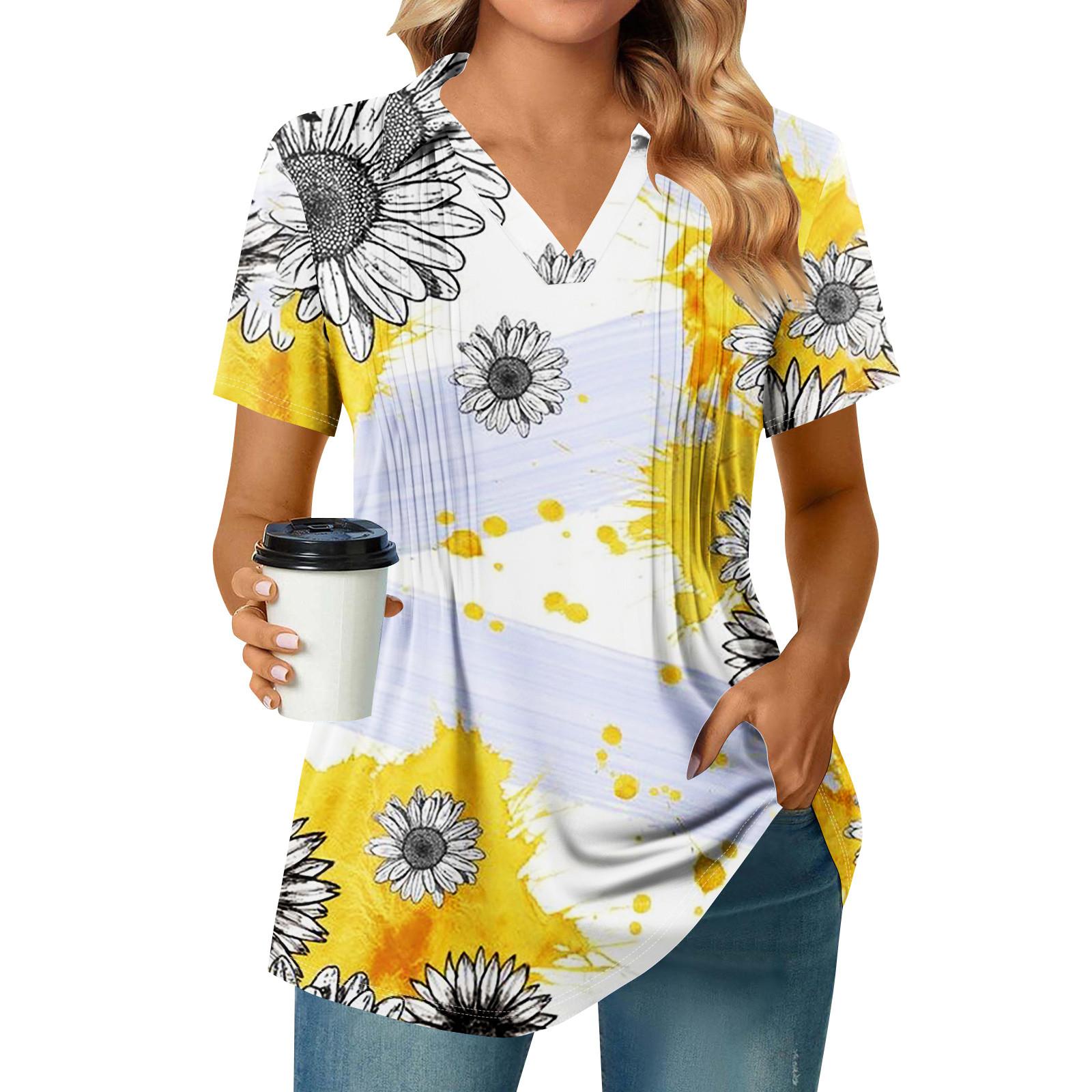 

Женская плиссированная футболка с V-образным вырезом и короткими рукавами с принтом подсолнухов, повседневная деловая рубашка XL жёлтый