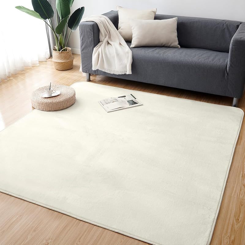 Keusnix Carpet Rug, 2 Tatami Mat Size (185 X 185 Cm), Washable, Non-Slip, Flannel Rug, Plain Ivory
