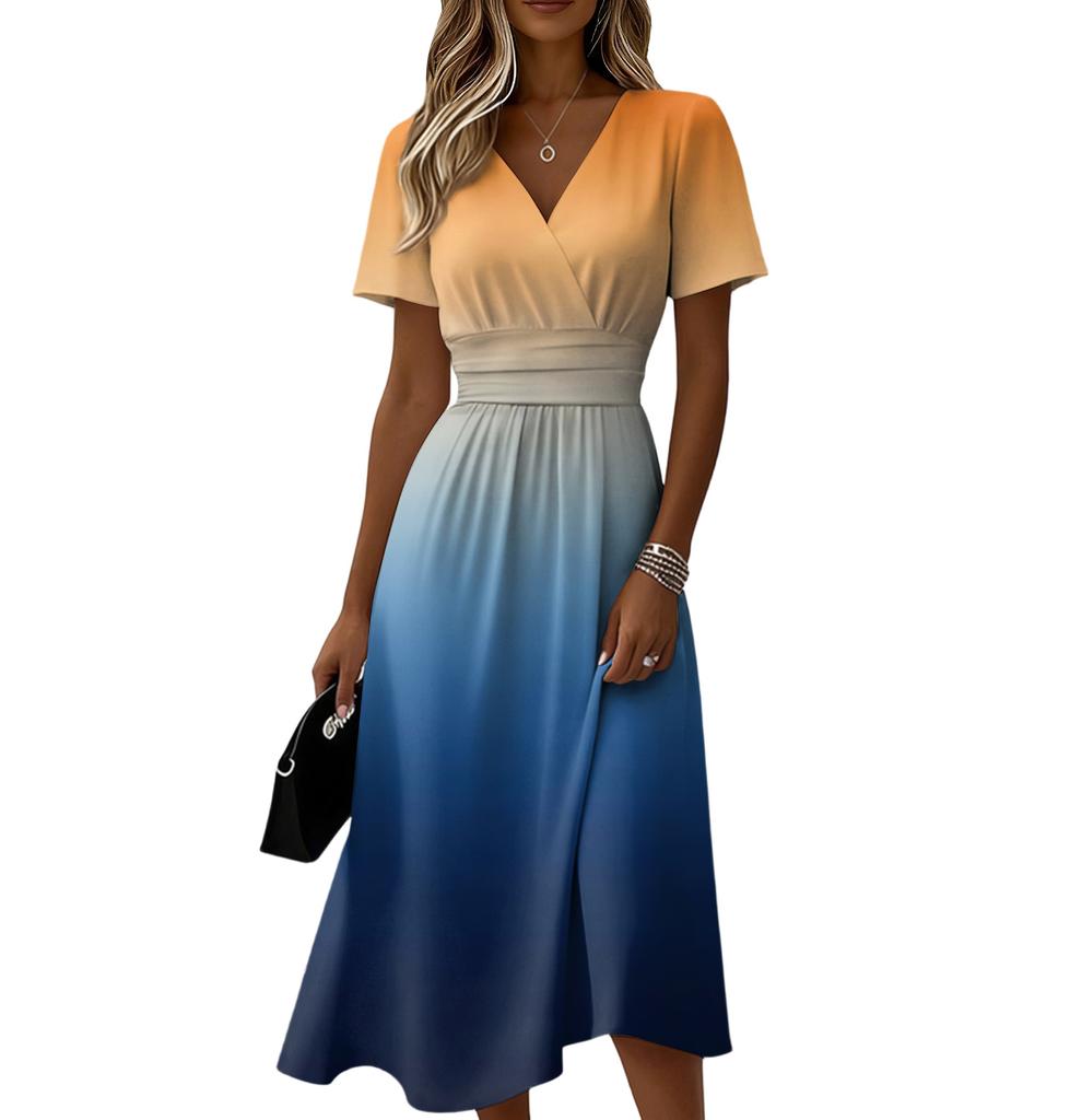 Damska codzienna modna sukienka z krótkim rękawem i dekoltem V w kolorach gradientowych