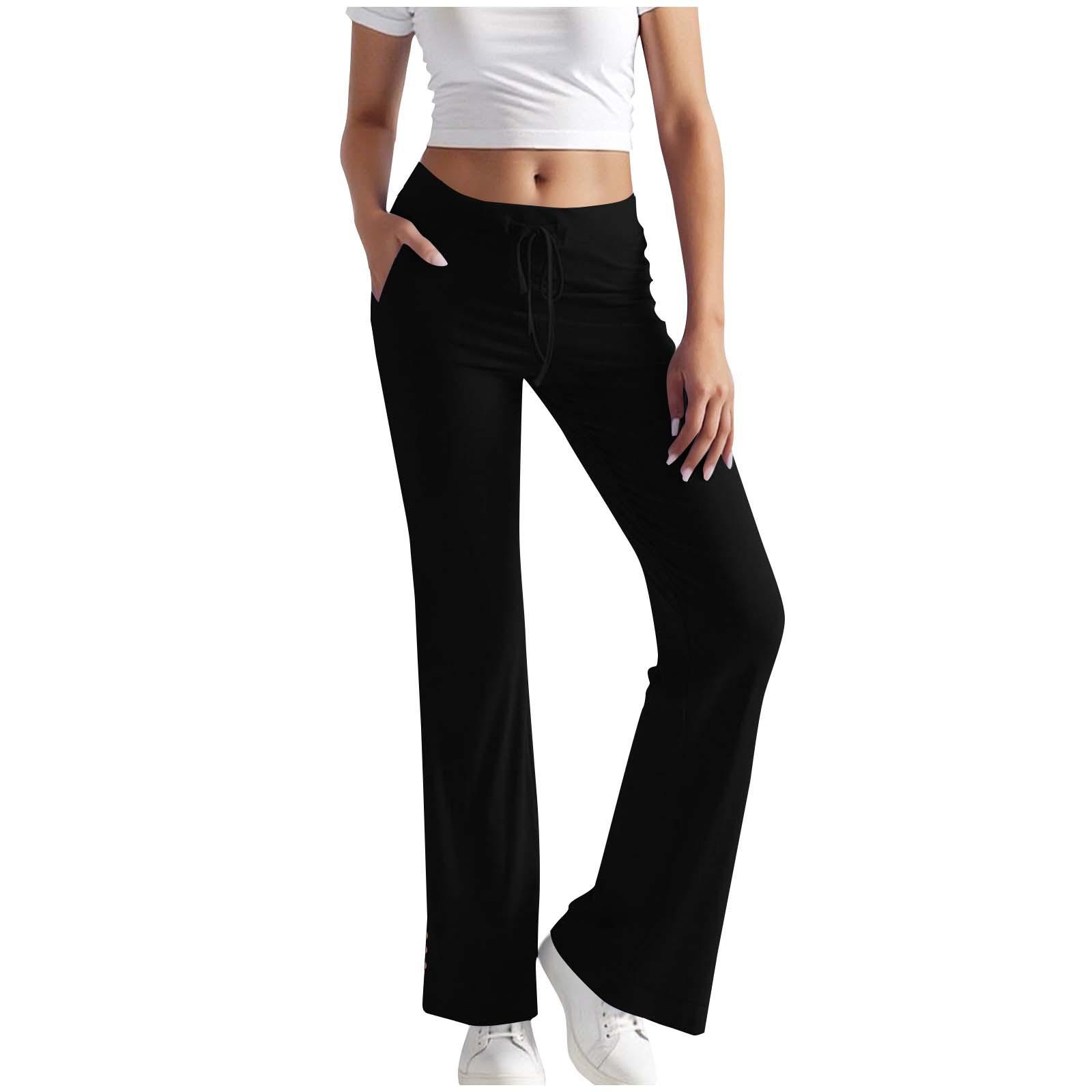 Women Solid Color Drawstring Wide Leg Split Hem Button Casual Pants S чёрный