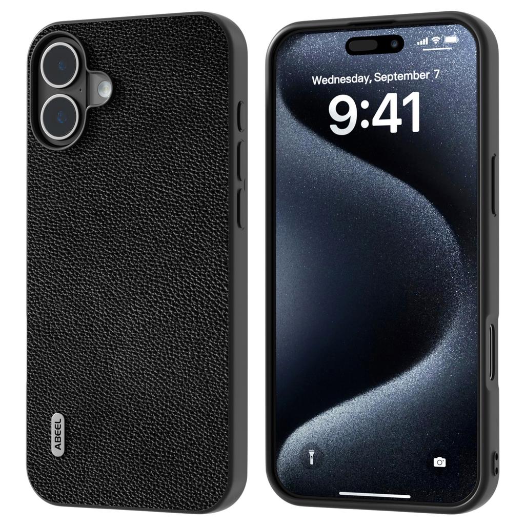 Für iPhone 16 Plus Hülle Litschi-Textur Echtes Rindsleder+PC+TPU Handyhülle