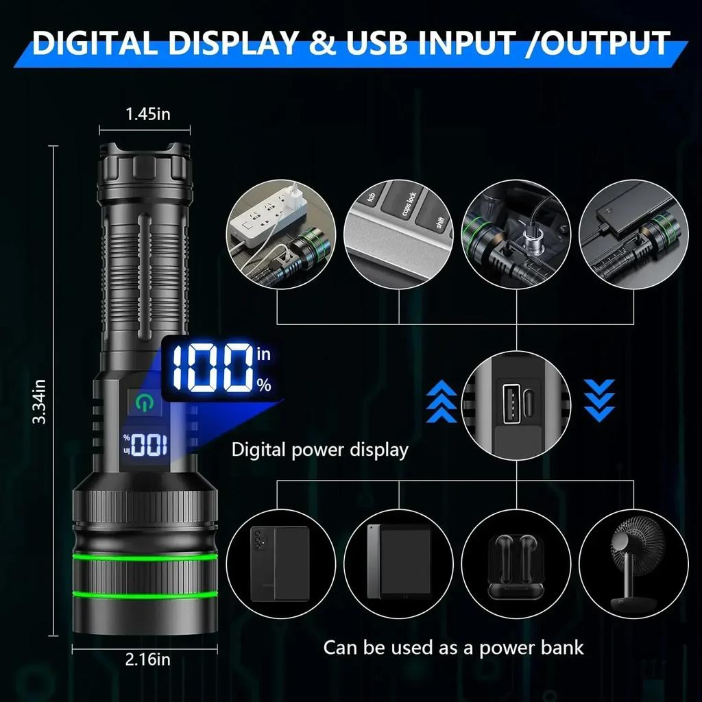 Super Bright Flashlight USB Rechargeable LED Long Range Tactical Torch Outdoor Waterproof Camping Fishing Lamp Use 26650 Battery