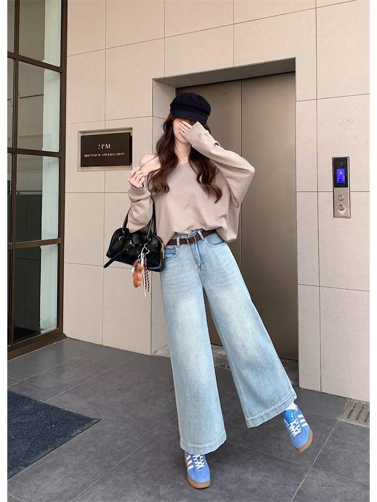 Women's Light Wide-Leg Jeans, 2025 Spring/Autumn Slimming Drapey Petite, Nine-Point Straight-Leg Pants