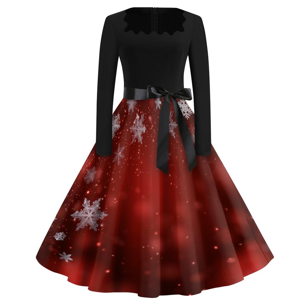 Women's Casual Christmas Print Square Neck Vintage Dress for Holiday Party and Everyday Wear