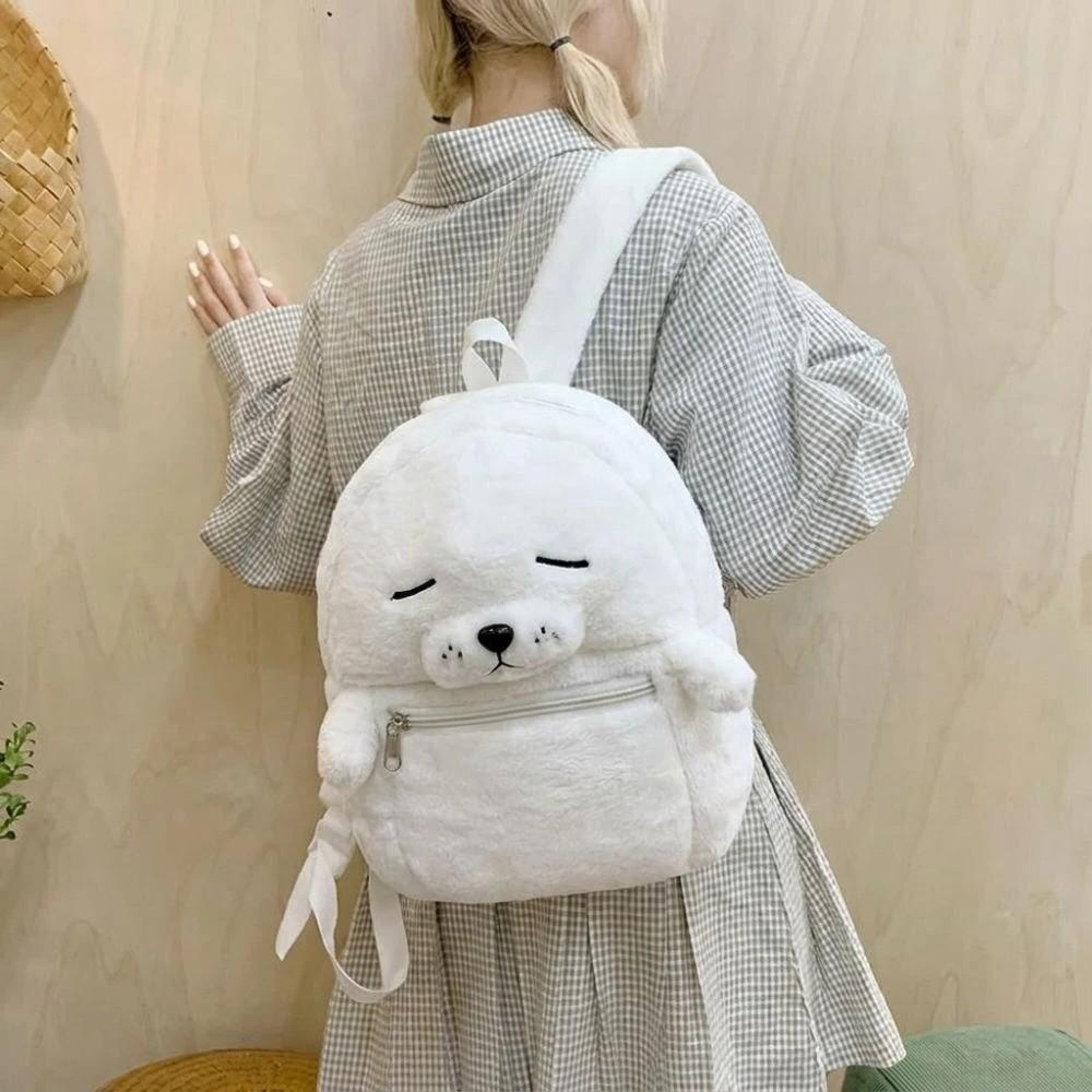 Cartoon Cute Seal Backpack Solid Color Simple Fluffy Seal Schoolbag Versatile Lightweight Shoulder Bag Women Girl Accessories