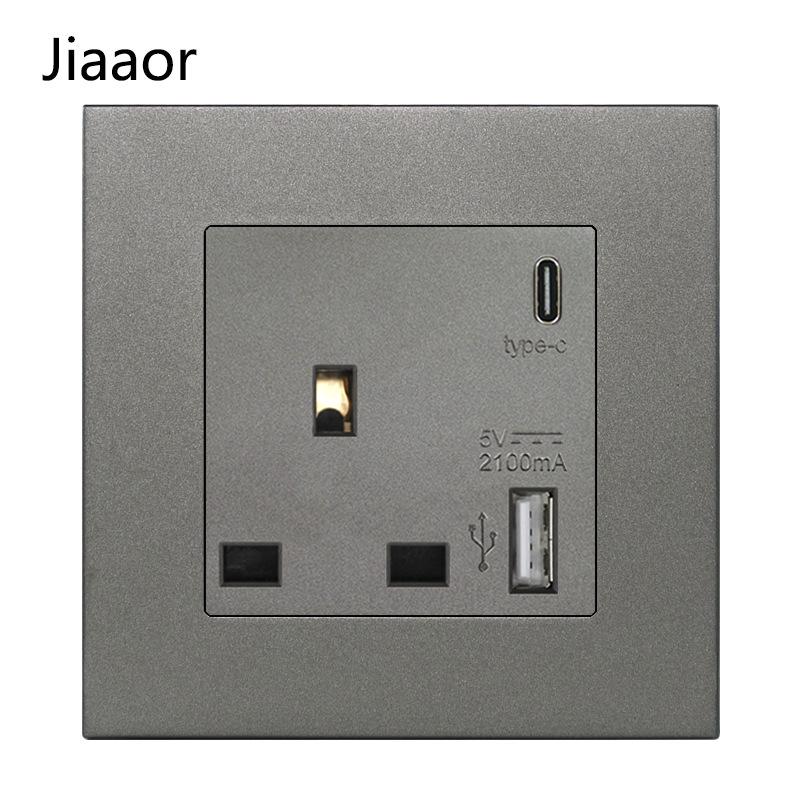 Grey British Standard Double Gang Switch Socket with USB & Type C - Hong Kong/Macau Compatible, Concealed 86 Type