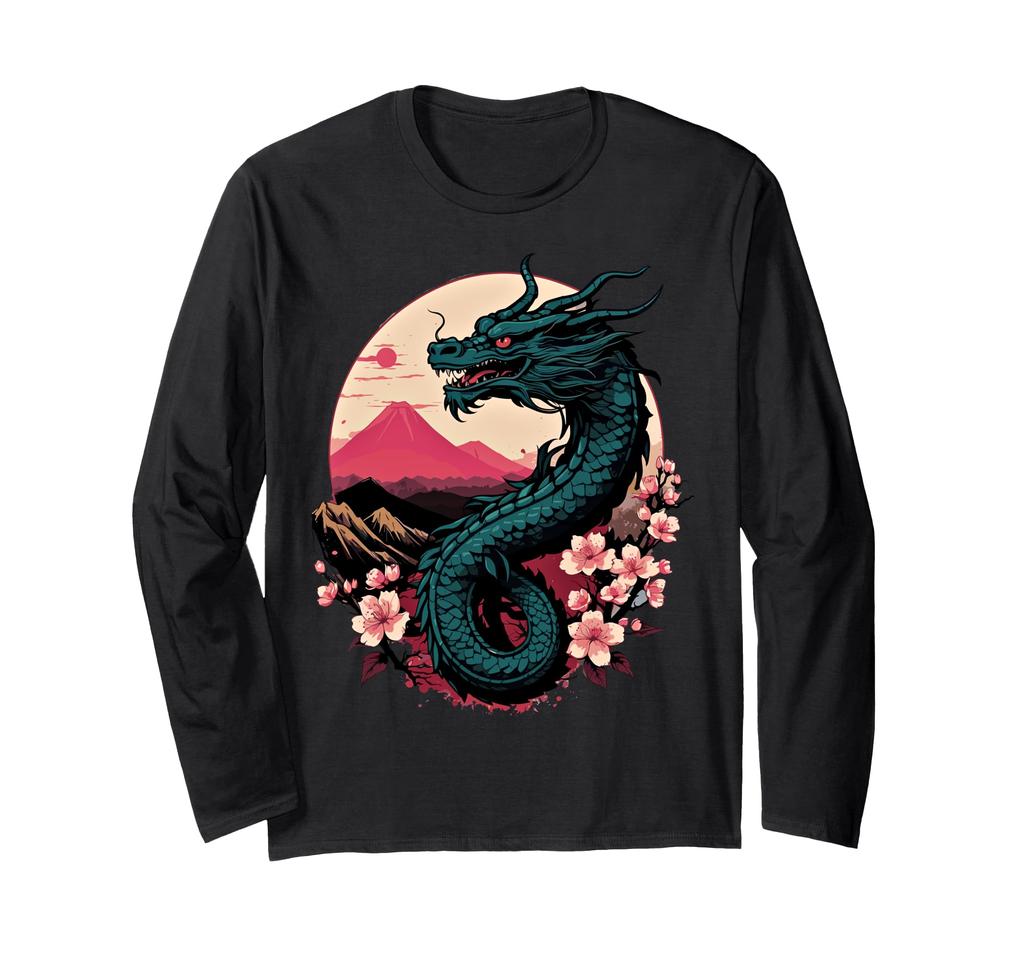 Vintage Dragon Sakura Japan Aesthetic Japanese Long Sleeve T-Shirt