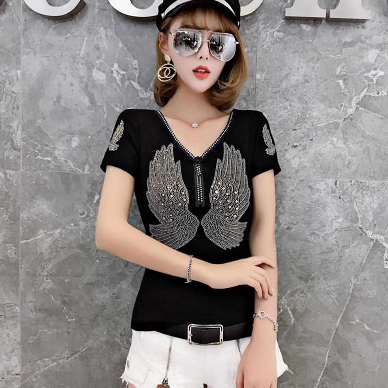 Streetwear Hip Hop Short Sleeve Wing T Shirt Women V Neck Zipper Sexy Diamonds Casual Tees Femme Diamonds Cotton Girl T-shirt Tops