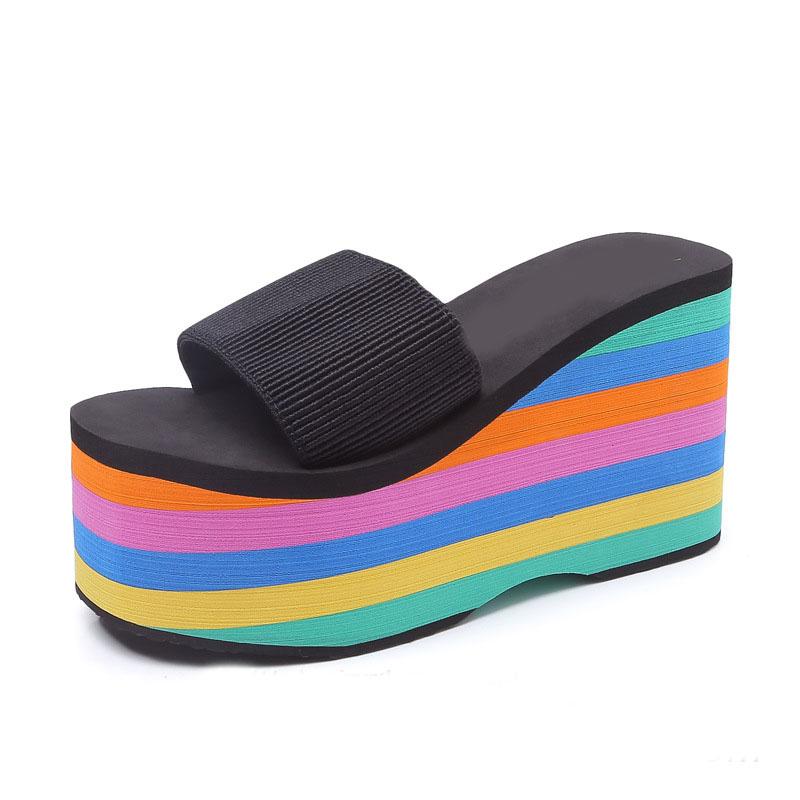Mode Damen Plateau Flip Flops Sommerschuhe Mode 10cm Super High Heels Regenbogen Dicke Sohle Sandalen Slipper Freizeit Strand Pantoletten