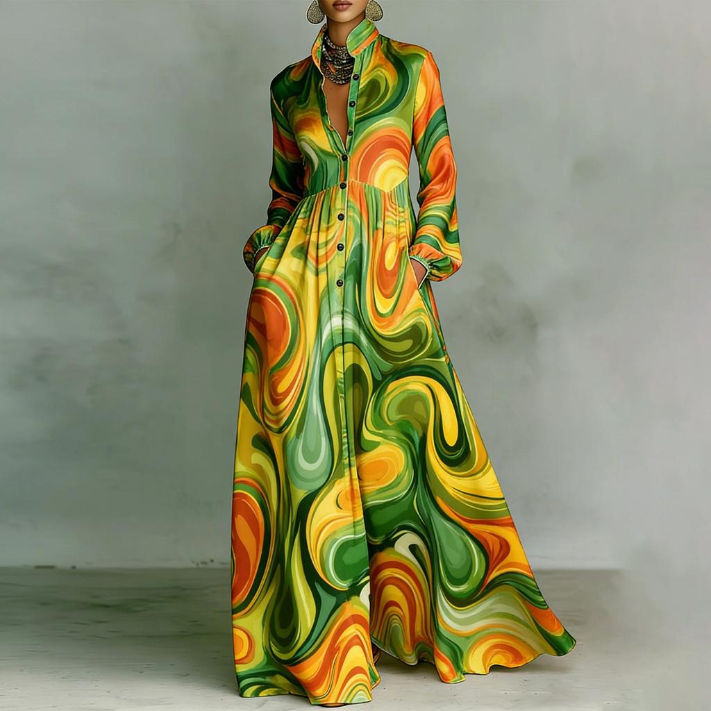 Women's Fashionable Stand Up Collar Long Sleeved Floral Print Waist Slimming Retro Casual Vacation Dress