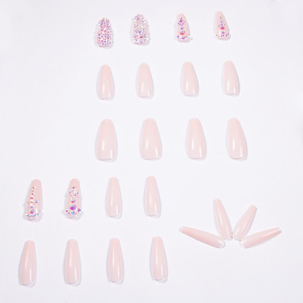 Nude Ballet Wear Long False Nails with Full Drill Design and Removable Nail Art Stickers