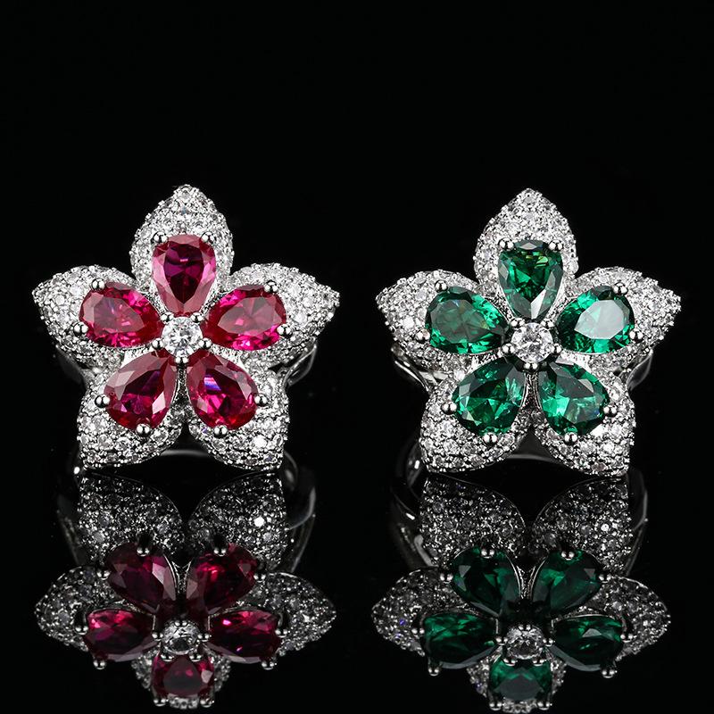 Jewelry Accessories Open-door Rings Lucky Five-star Flower Red Zircon High-end Fashion Style Women