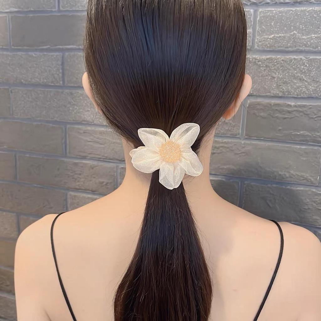 Korean Light Luxury Rhinestone Sunflower Mesh Scrunchie - Organza Elastic Hair Accessory for Women