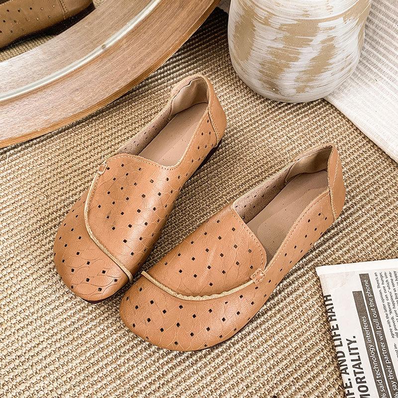 Retro Hollow Hole Shoes Single Shoes Women's 2025 One-pedal Summer Non-slip Soft-soled Small Leather Shoes Old Beijing Cloth Shoes