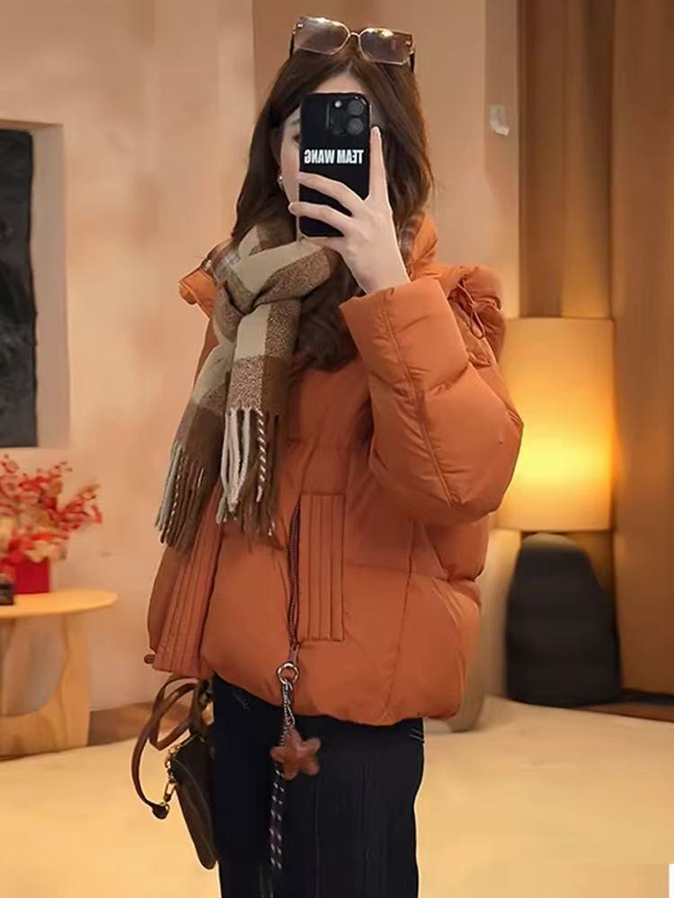 Women's 2025 Winter Hooded Plaid Puffer Jacket - Thick, Short, Cotton-Padded