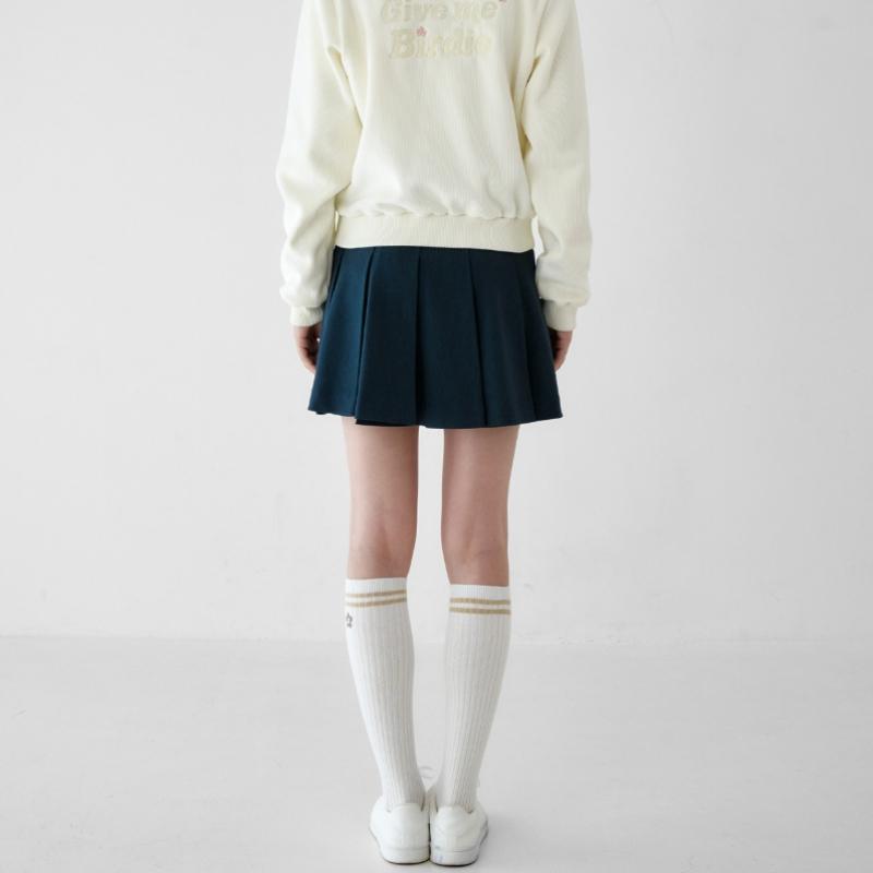 Goxo Metal Logo Flap Pleats Skirt Indigo