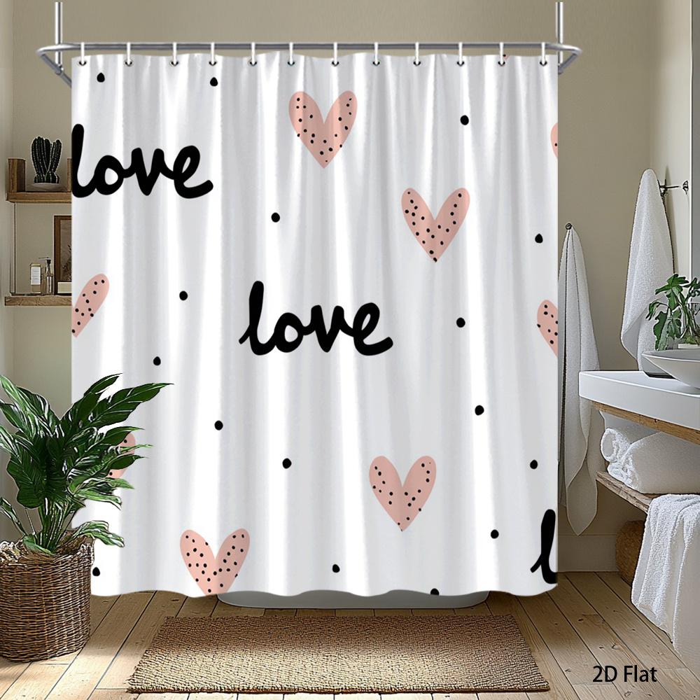 1pc Heart-patterned polka dot shower curtain, polyester fabric, with hooks, machine washable, suitable for bathroom décor.