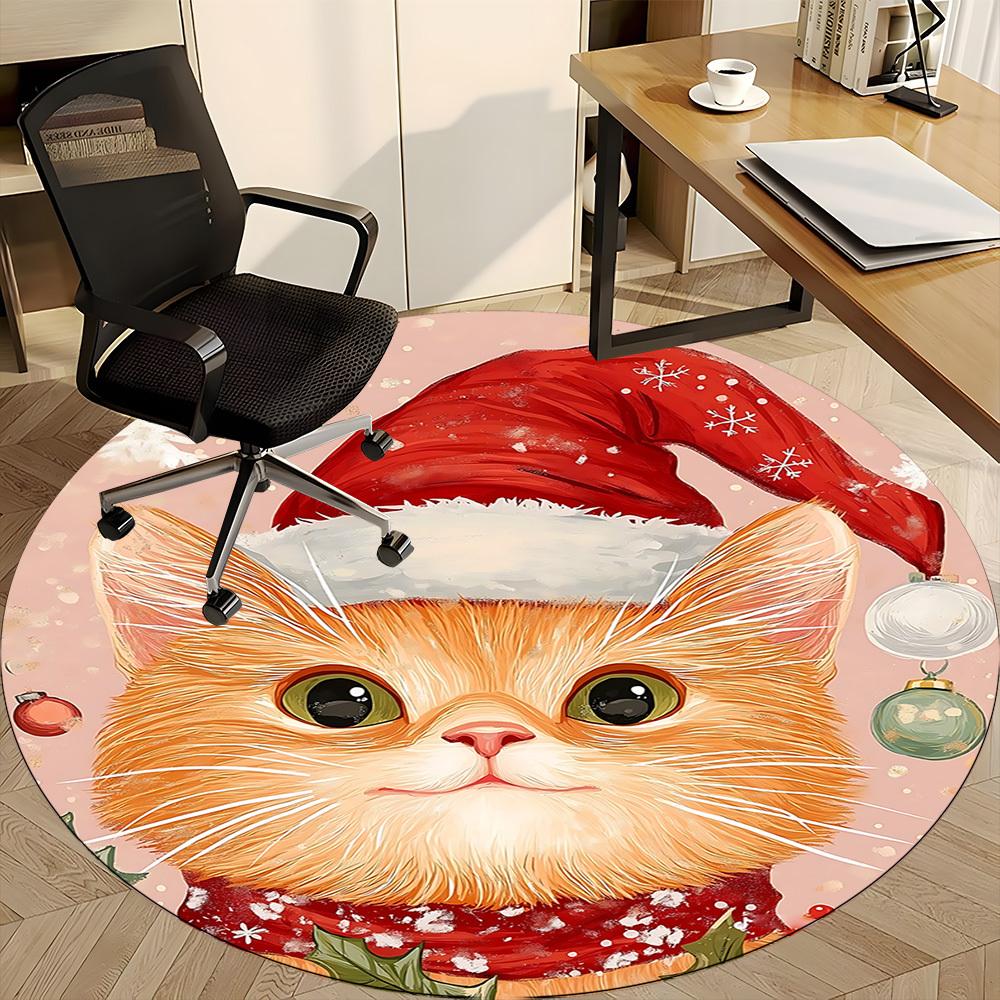 1PC Christmas Cat Office Round Area Rug, Indoor Mat Suitable ForOffice, Under Office Chairs Bedroom Living Room Home Decor, Room Deco f015