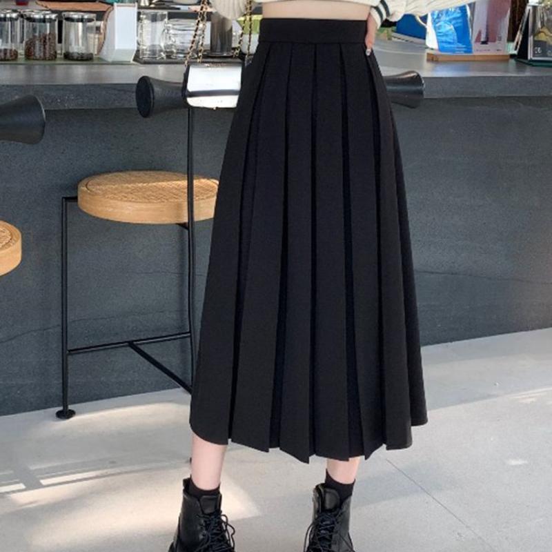 HOUZHOU Dlouhá skládaná sukně Dámské Vintage Korejská Móda Pevný Vysoký pas Midi Sukně do A Školka Elegantní Ležérní Podzim