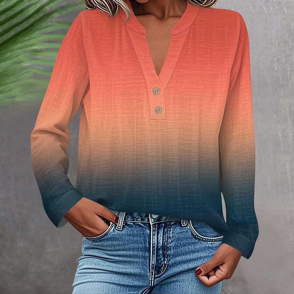 Camisa de Moda y Casual para Mujer Manga Larga Cuello en V Botones Estampada Blusa Top