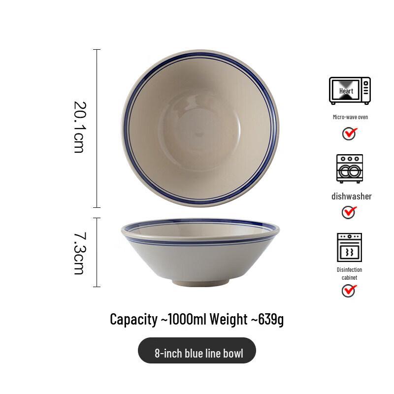 Retro Blue Rim Ceramic Noodle Bowl