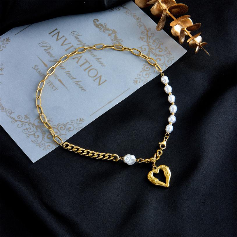 A new style stainless steel fashion jewelry irregular heart pearl pendant thick chain necklace pendant for women