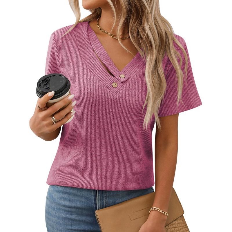 Summer Women's Knitted Corrugated V-neck Button T-shirt Short-sleeved Top
