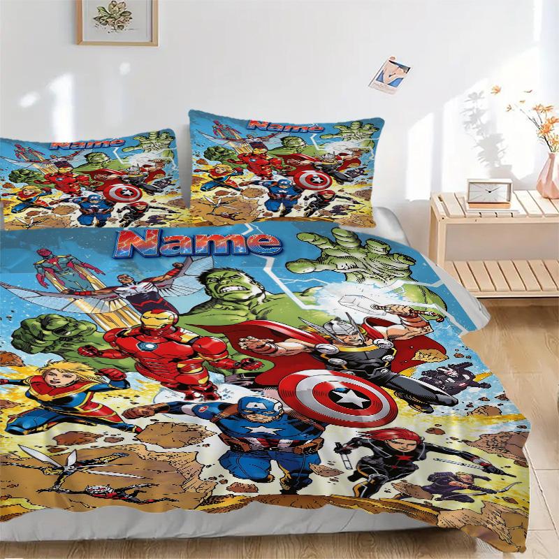 Custom Name Avengers Superhero Team Print 3Pcs Bedding Set,Duvet Cover with 2 Bedro,Pillowcase Home Birthday Gift