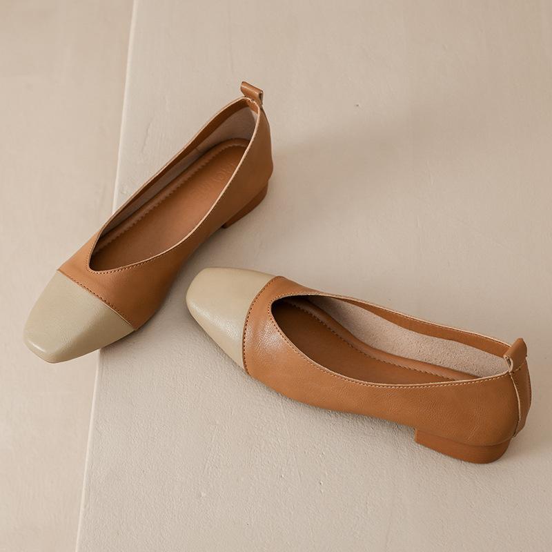 Kožené ležérní explozivní barevné sladění ploché jednobotky módní prošívání čtvercová špička francouzský lehký střih nízký podpatek babičkovské líné boty ženy