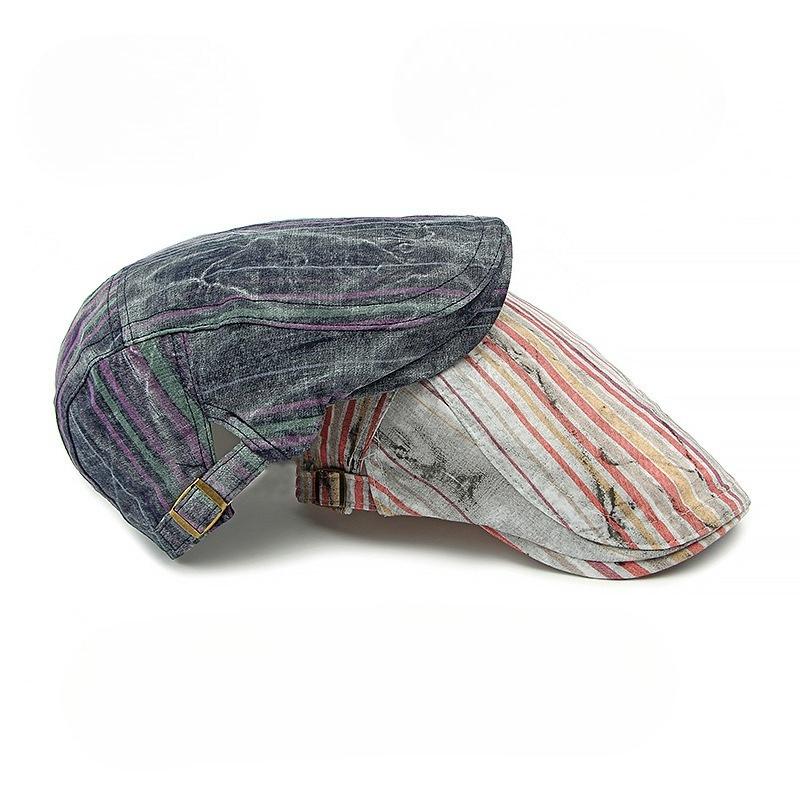 2025 New Distressed Striped Flat Cap for Men Women Individual Graffiti Ink Mark Beret British Retro Newsboy Hat Breathable Summer Cabbie Hat